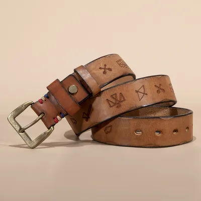 Vegetable Tanned Leather Top Layer Leather Brass Buckle Belt Men Mx036 Camel - Shop at LoveMi