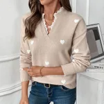 Valentine's Day Clothing V-neck Love Sweater For Women - Light Khaki