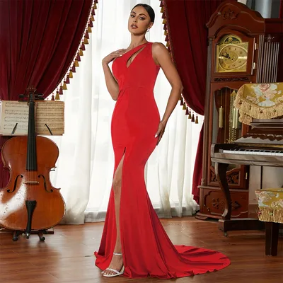 Wine Red Annual Meeting Dress Sleeveless One shoulder Solid Color Small Tail Red - Shop at LoveMi