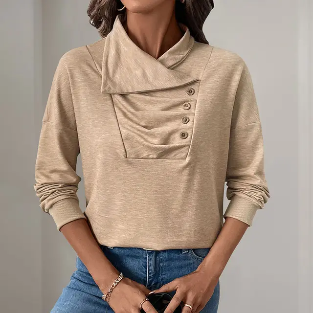 Sweater Pleating Button Stand Collar Khaki - Shop at LoveMi