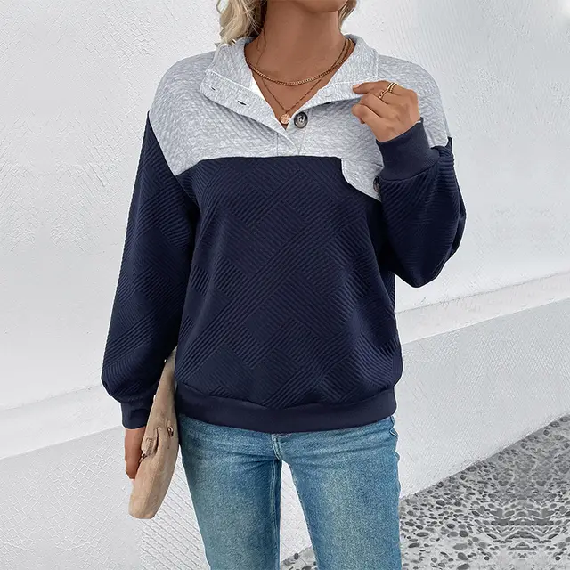 Lapel Color Matching Long sleeved Sweater For Women Dark Blue - Shop at LoveMi