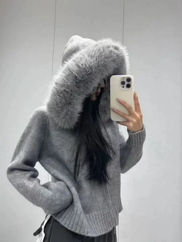 Shirt Small Imitation Fox Fur Collar Coat Women's Sweater Gray - Shop at LoveMi