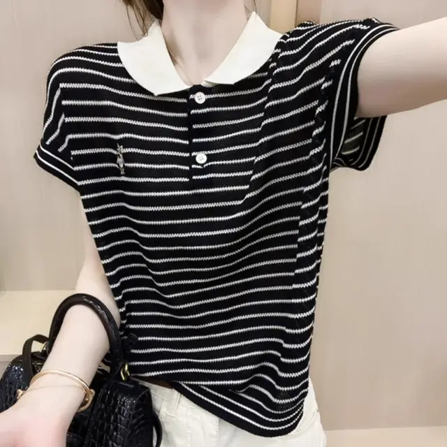 Ice Silk Short Sleeve Striped Embroidery Contrast Color Button Polo Black - Shop at LoveMi