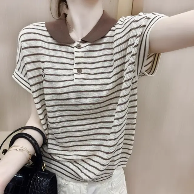 Ice Silk Short Sleeve Striped Embroidery Contrast Color Button Polo Khaki - Shop at LoveMi