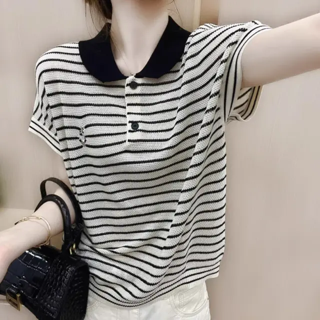 Ice Silk Short Sleeve Striped Embroidery Contrast Color Button Polo White - Shop at LoveMi