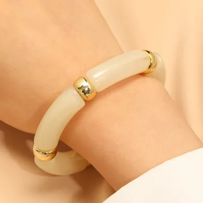 European And American Resin Beaded Bamboo Joint Geometric Exaggerated Color Matching Design Bracelet Beige White - Shop at LoveMi