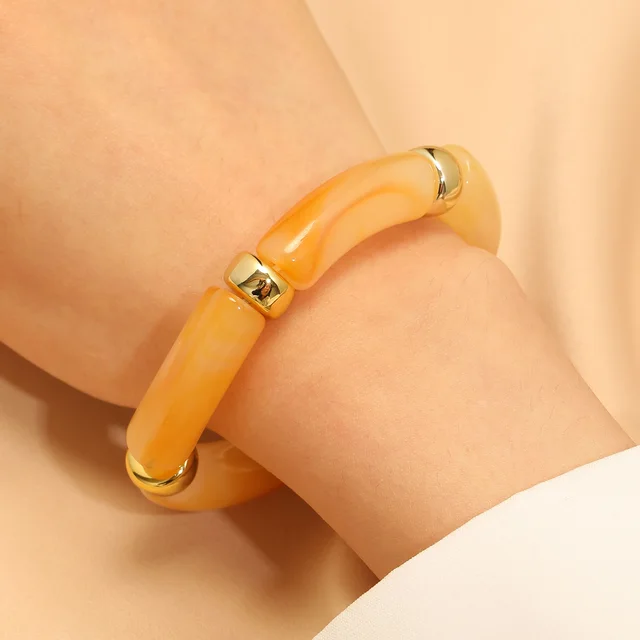 European And American Resin Beaded Bamboo Joint Geometric Exaggerated Color Matching Design Bracelet Beige Yellow - Shop at LoveMi