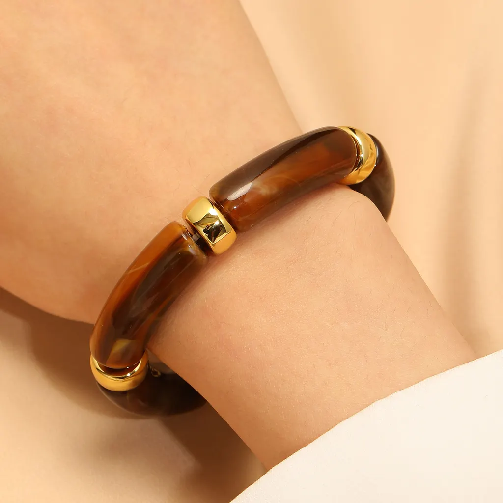 European And American Resin Beaded Bamboo Joint Geometric Exaggerated Colour Matching Design Bracelet - Deep Coffee
