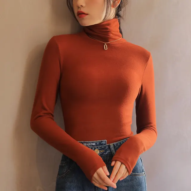 Double sided Dralon Heaps Collar Bottoming Shirt For Women Brick Red - Shop at LoveMi