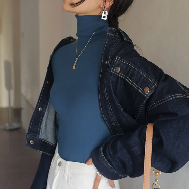 Double sided Dralon Heaps Collar Bottoming Shirt For Women Denim Blue - Shop at LoveMi