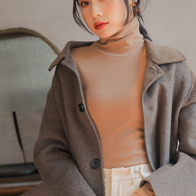 Double-sided Dralon Heaps Collar Bottoming Shirt For Women - Khaki