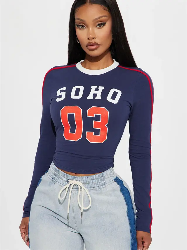 Sports And Leisure Style Long sleeved Top Round Neck Base Dark Blue - Shop at LoveMi