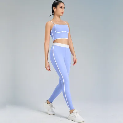 Sports Yoga Suit Two piece Set Nude Feel Double sided Sanding Outdoor Lavender Blue - Shop at LoveMi