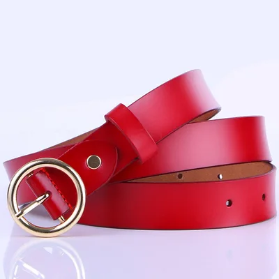 The new lady fashion retro pure leather belt belt ladies all match round buckle leather belt ladies fine belt Red - Shop at LoveMi