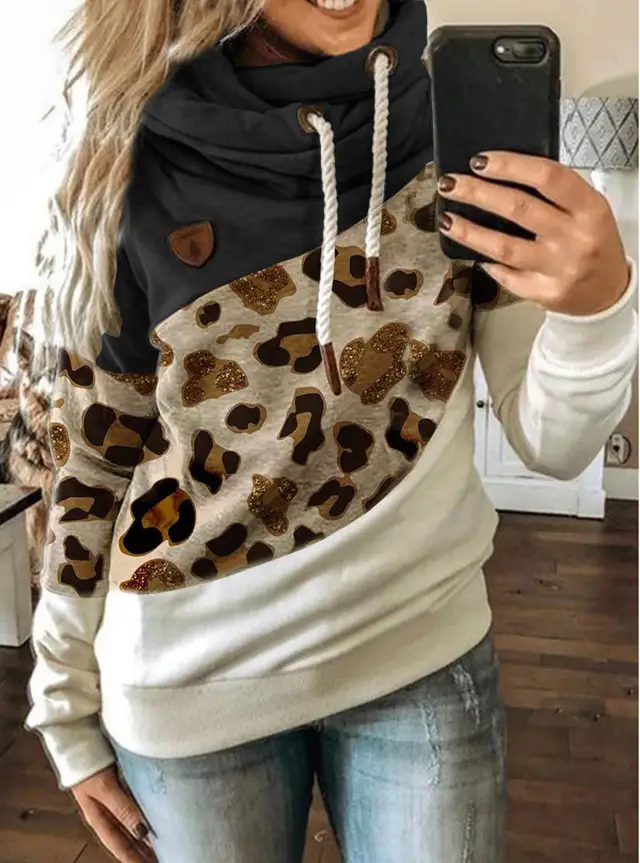 Printed stitching hooded fleece loose sweatshirt - Black