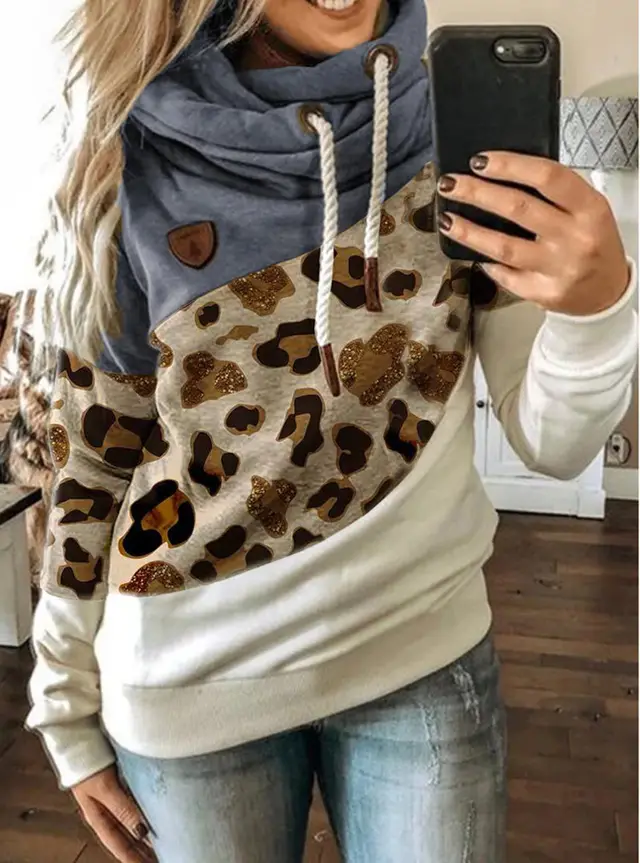 Printed stitching hooded fleece loose sweatshirt Blue - Shop at LoveMi