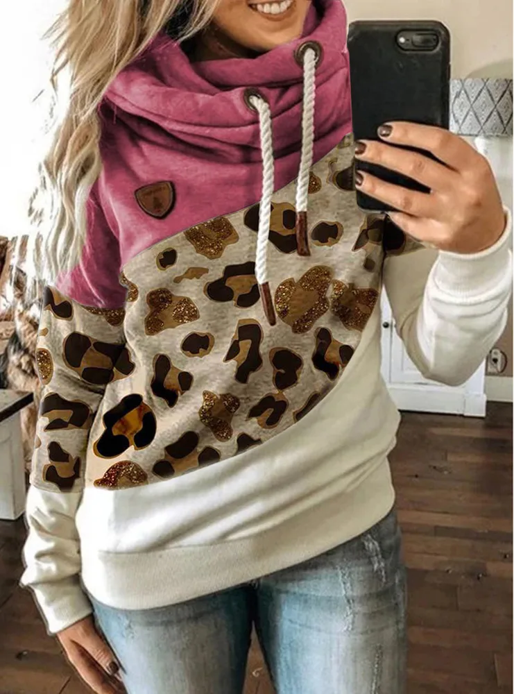 Printed stitching hooded fleece loose sweatshirt - Red