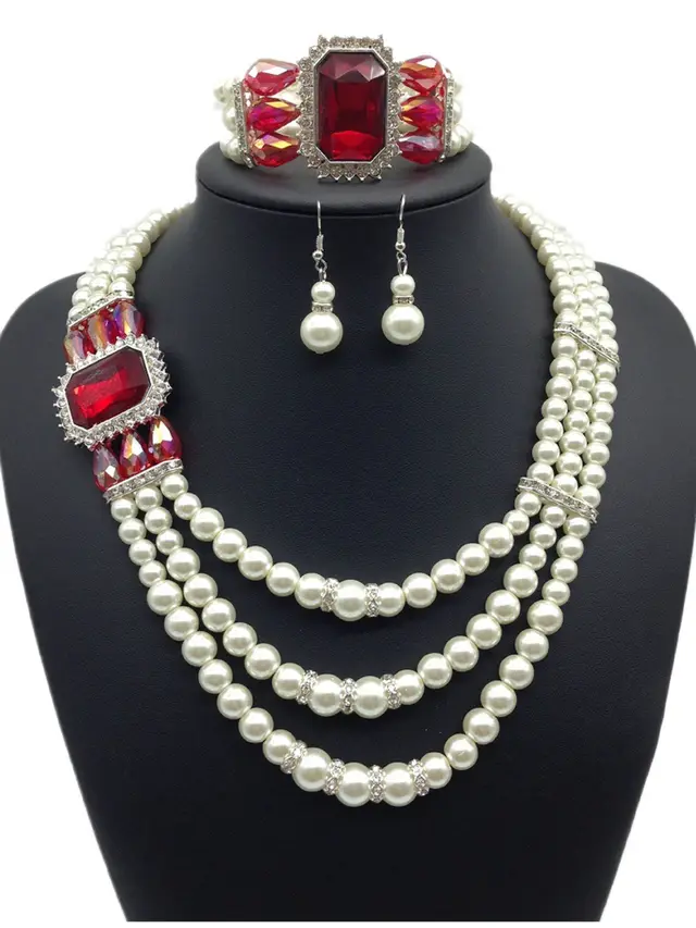European fashion Diamond Gemstone Pearl Necklace Earrings Set multi bride chain bracelet three piece Necklace Red - Shop at LoveMi
