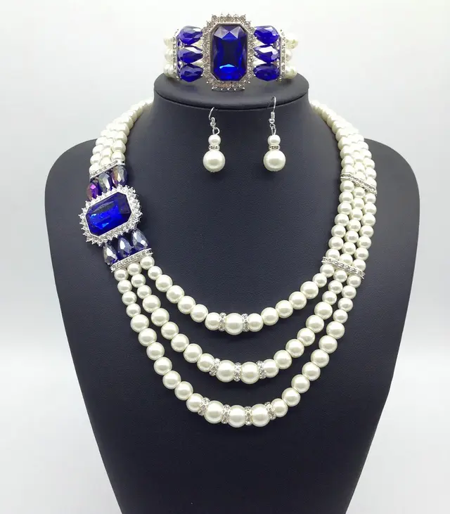 European fashion Diamond Gemstone Pearl Necklace Earrings Set multi bride chain bracelet three piece Necklace Royal Bule - Shop at LoveMi