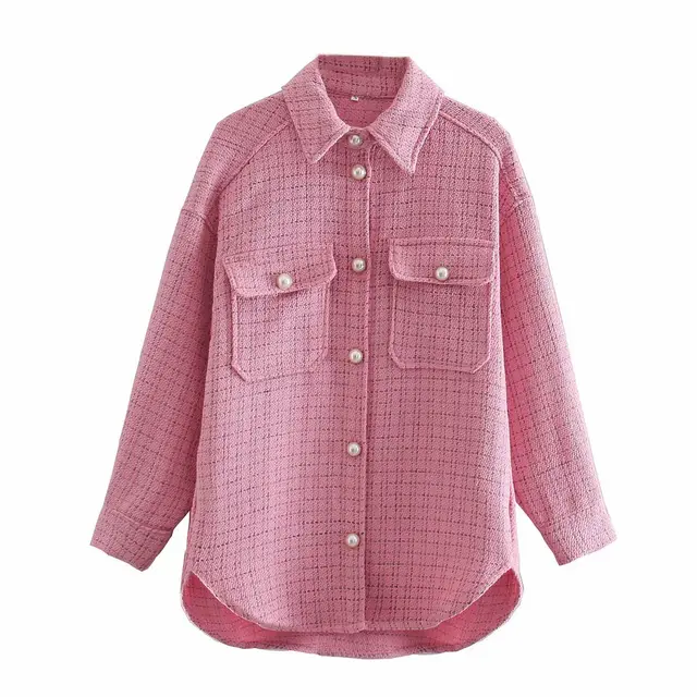 Women Plaid Pattern Thick Coats Jacket Pearl Buttons Long Sleeves Pocket Ladies Elegant Autumn Winter Coat Pink - Shop at LoveMi