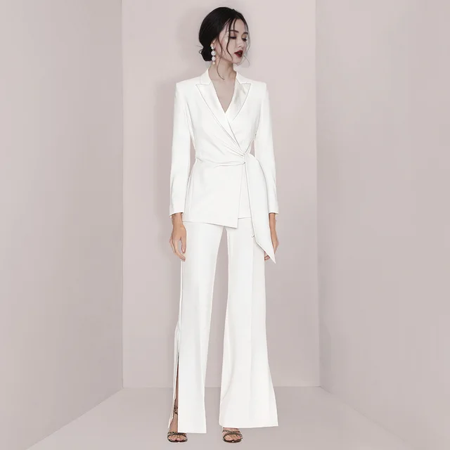 Small Jacket Wide Leg Split Trousers Suit White - Shop at LoveMi