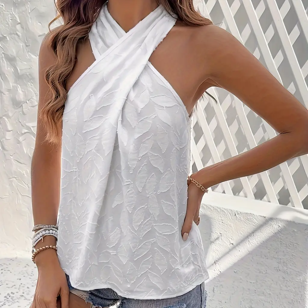 Solid Color Textured Cross-halterneck Sleeveless Shirt - White