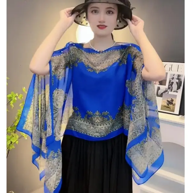 Women's Shawl Spring And Summer Loose Chiffon Waistcoat Pearl Cashew Royal Blue - Shop at LoveMi