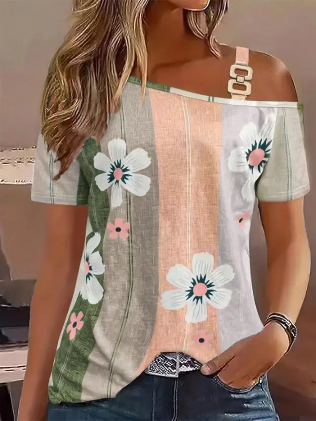 Shoulder baring Flower Print Button Knitted Short sleeved T shirt Light Green - Shop at LoveMi