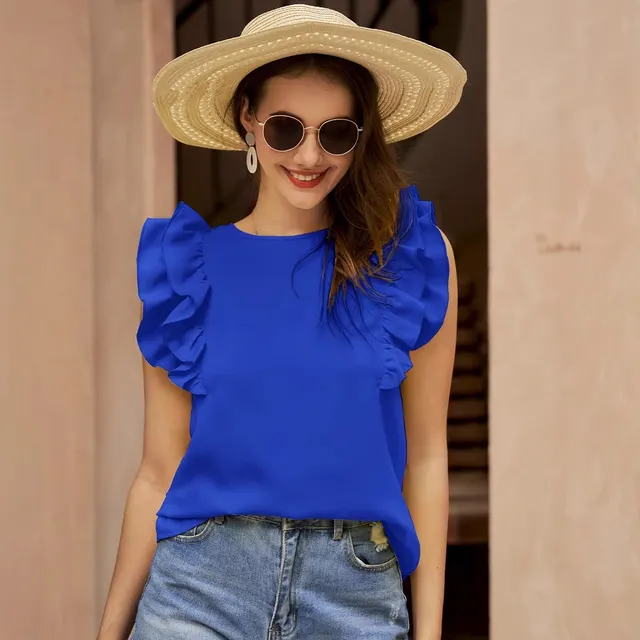 Round Neck Sleeveless Shirt Ruffle Sleeve Pleated Elegant Lady Blue - Shop at LoveMi