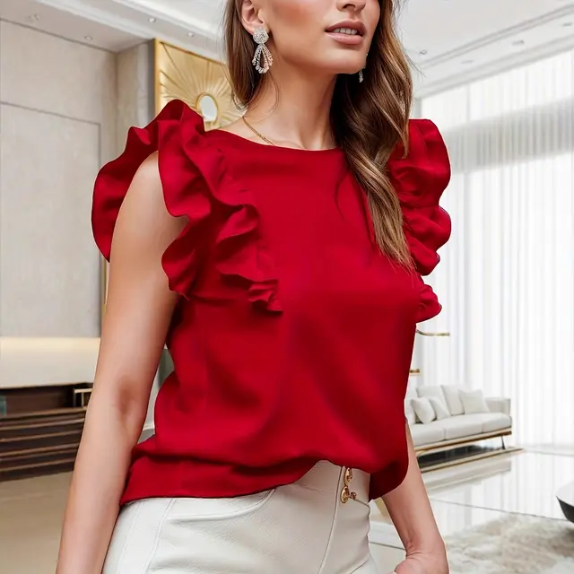 Round Neck Sleeveless Shirt Ruffle Sleeve Pleated Elegant Lady Red - Shop at LoveMi