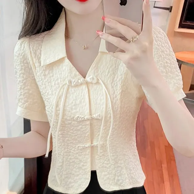 Retro Short Sleeve Chiffon Shirt For Women Summer Apricot Ordinary Style - Shop at LoveMi