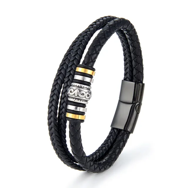 Men's Fashion Stainless Steel Multi layer Diy Leather Bracelet Black - Shop at LoveMi
