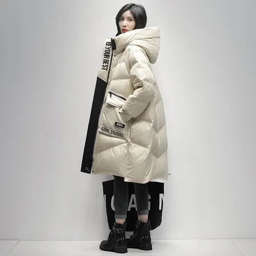 Polished Black Down Jacket Women's High end Mid length Coat Beige - Shop at LoveMi