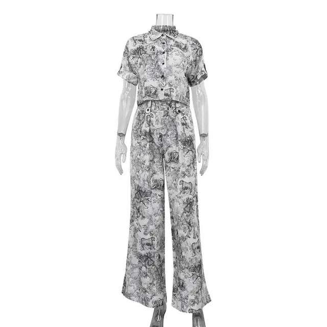 Ink Painting Printing Lapel Short Shirt High Waist Wide Leg Pants Two piece Set Gray - Shop at LoveMi