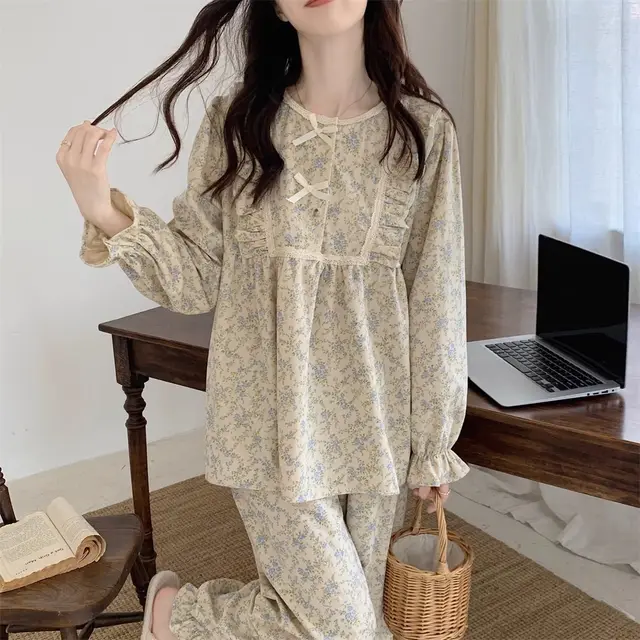 French Lace Mori Style Pastoral Style Dormitory Long Sleeve Outerwear Homewear Suit Floral Suit - Shop at LoveMi