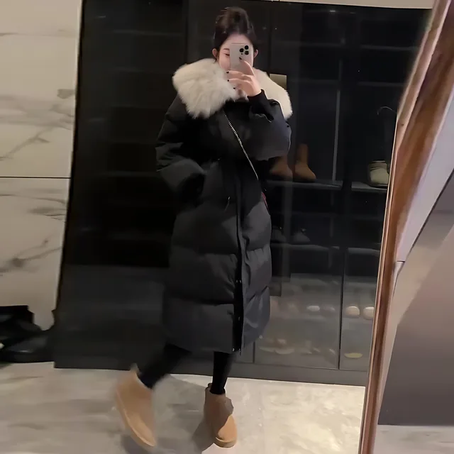 Fur Collar Overknee Long Jacket Women's Waist White Duck Down Coat Black - Shop at LoveMi