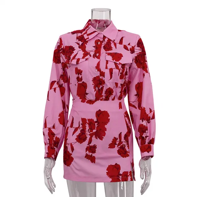 Printed Lapel Long Sleeve Shirt High Waist Slit Hip Skirt Suit Pink - Shop at LoveMi