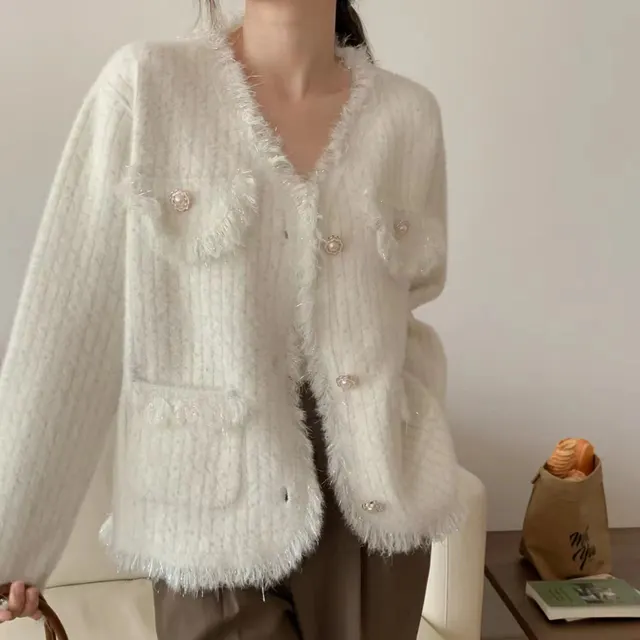 New Gentle Sweet Style White Vertical Striped Sweater Coat For Women White - Shop at LoveMi