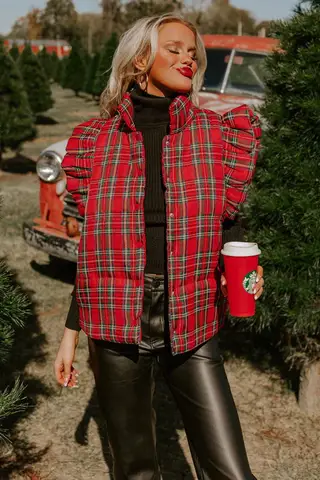 Sleeveless Plaid With Cotton Vest Coat Women - Red