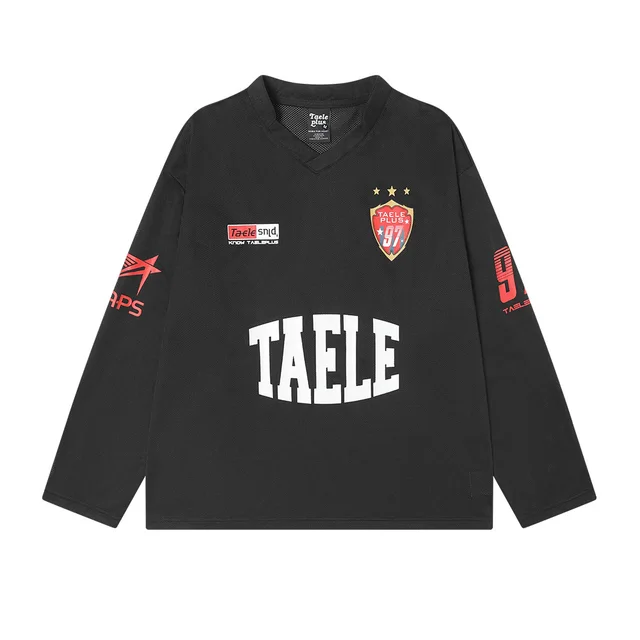 American Badge Letter Long Sleeve T shirt Sports Loose Casual Top Black - Shop at LoveMi