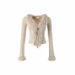 Woolen Sweater V-neck Lace Up Cardigan Long-sleeved Top - Khaki