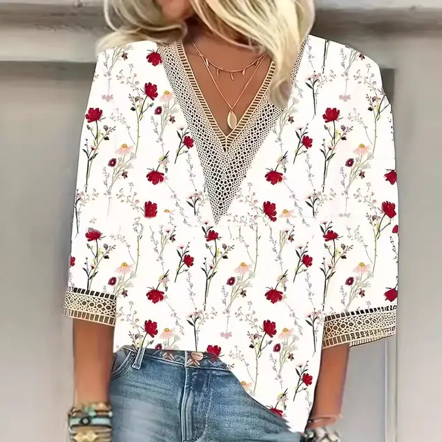 Women's Casual V neck Stitching Lace Short Sleeve White - Shop at LoveMi