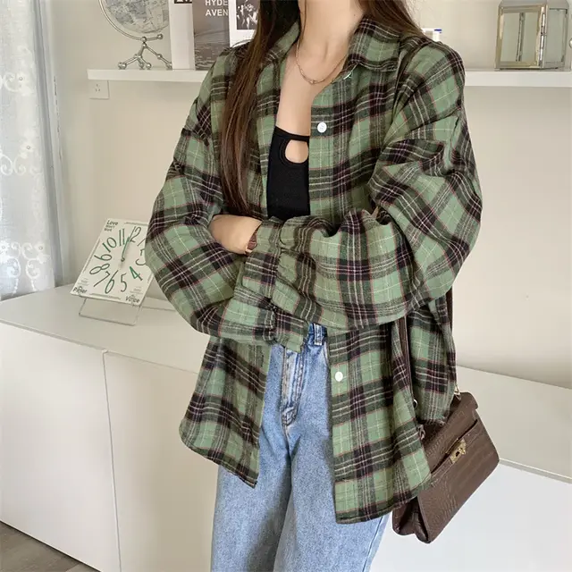 Idle Style All match Lantern Long Sleeve Shirt Coat Black And Green Plaid - Shop at LoveMi