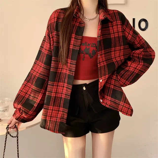 Idle Style All match Lantern Long Sleeve Shirt Coat Red Fine Plaid - Shop at LoveMi