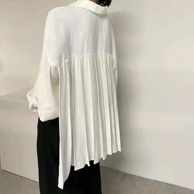 Women's Loose Back Pleated Lapel Long Sleeve Shirt White - Shop at LoveMi