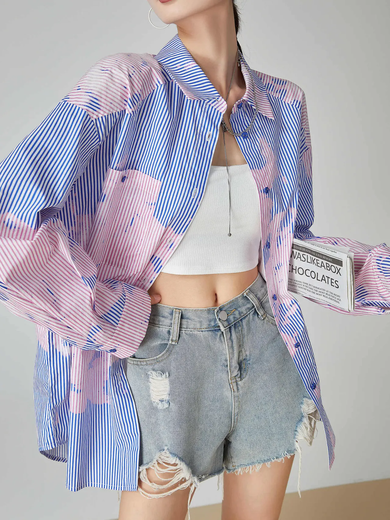 Blue Striped Printed Shirt Women's Loose Top - Blue Pink