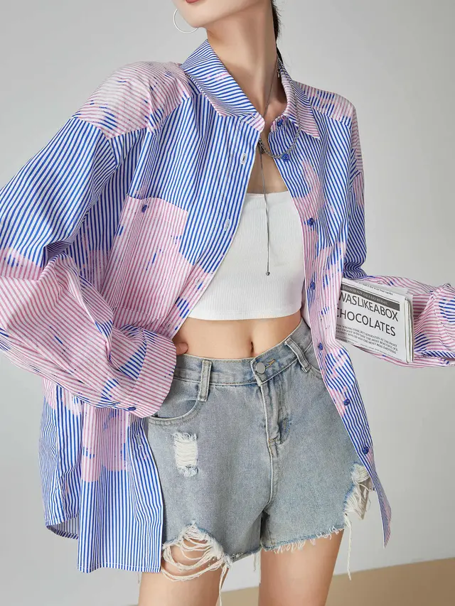 Blue Striped Printed Shirt Women's Loose Top Blue Pink - Shop at LoveMi