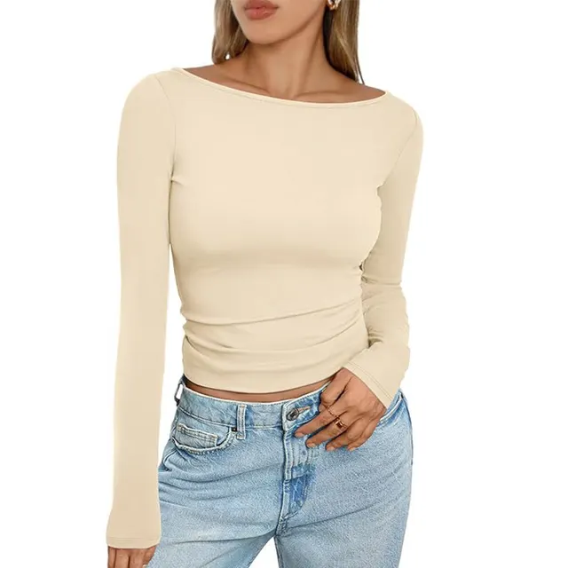 Slim Long sleeved T shirt Fashion Solid Round Neck Top Women's Clothing Apricot - Shop at LoveMi