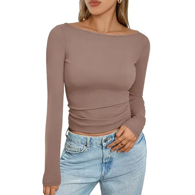Slim Long sleeved T shirt Fashion Solid Round Neck Top Women's Clothing Brown - Shop at LoveMi