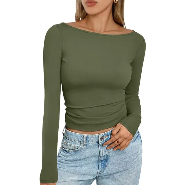 Slim Long sleeved T shirt Fashion Solid Round Neck Top Women's Clothing Olive Green - Shop at LoveMi